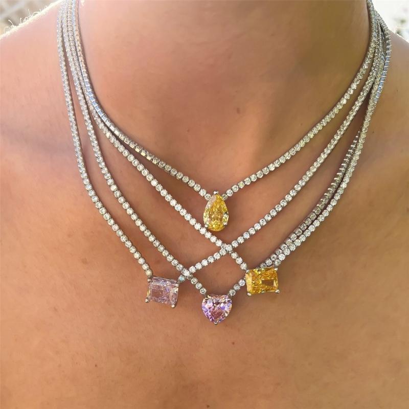 Colorful Zircon Charm Neckchain Tennis Chain Necklace for Women Girls Fashionable Rhinestones Choker Elegant Jewelry