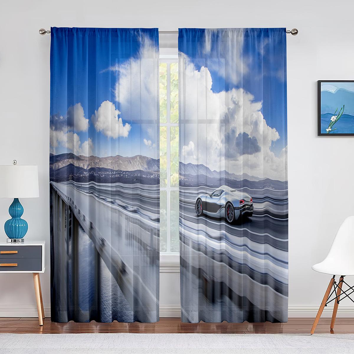 Тюлевые шторы со спортивным автомобилем и американским флагом для спальни — фото 4
