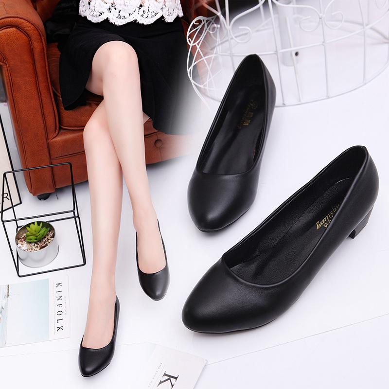 New Black Round Head High Heels Thick Heel Shallow Mouth Single Shoes Women's Professional Large Size Work Leather Shoes