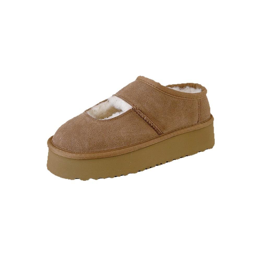 Cowhide Velvet-Lined Women's Winter Mary Janes with Thick Soles