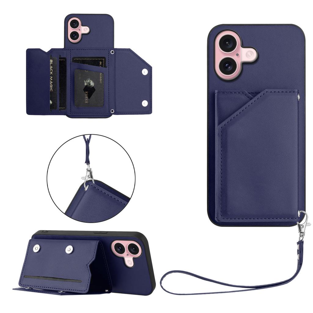 For iPhone 16 Case Card Holder Kickstand Skin-Touch Phone Cover with Wrist Strap