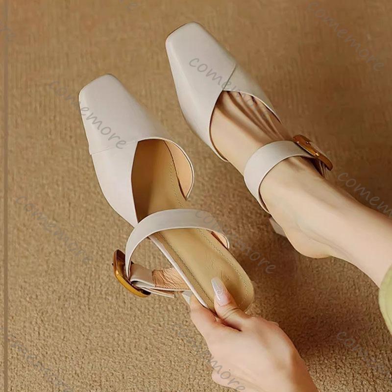 Comemore Baotou Sandal Slippers Summer New Casual Outside Wear Leather High-heeled Solid Mules Half Slipper for Women