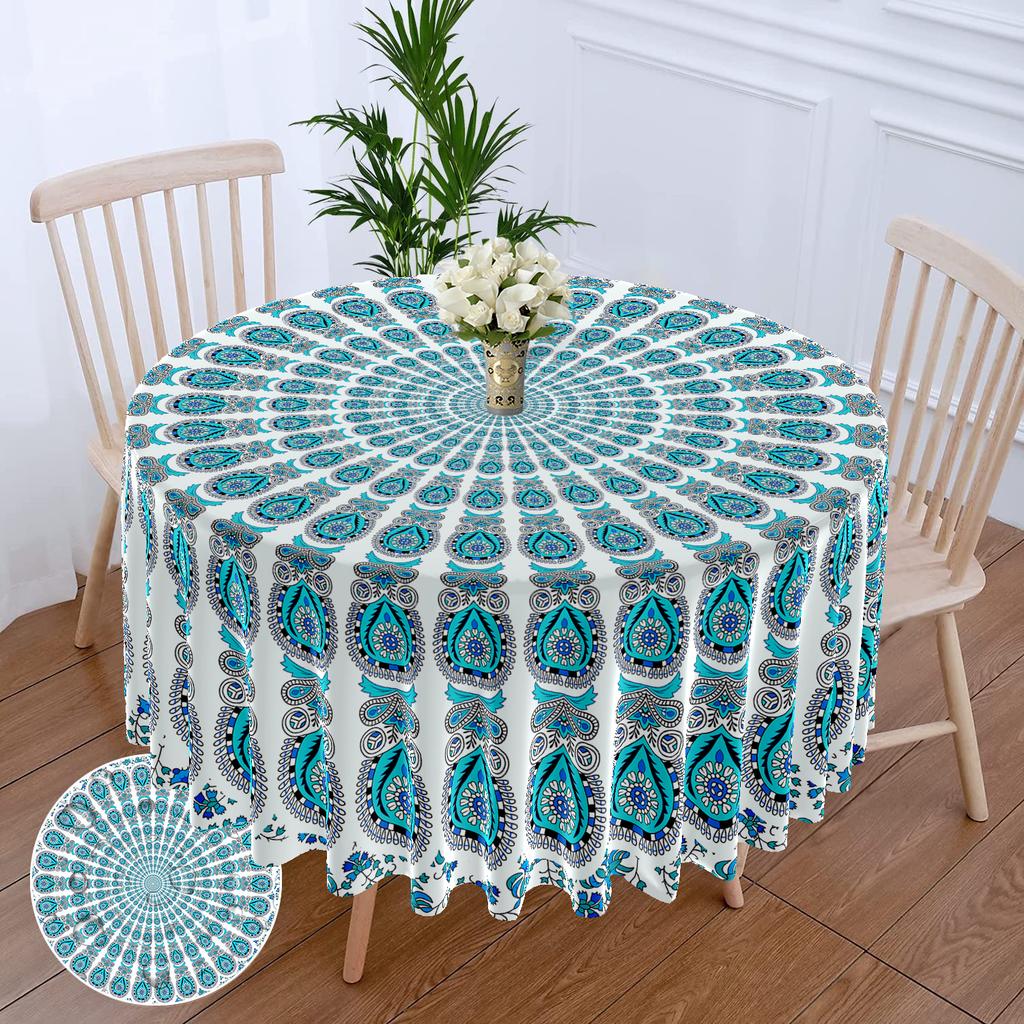 1 Piece Circular Tablecloth With Green Red Flower Waterproof Colorful Terrace Table Cover Multi-Purpose 63 Inch Totem Tablecloth