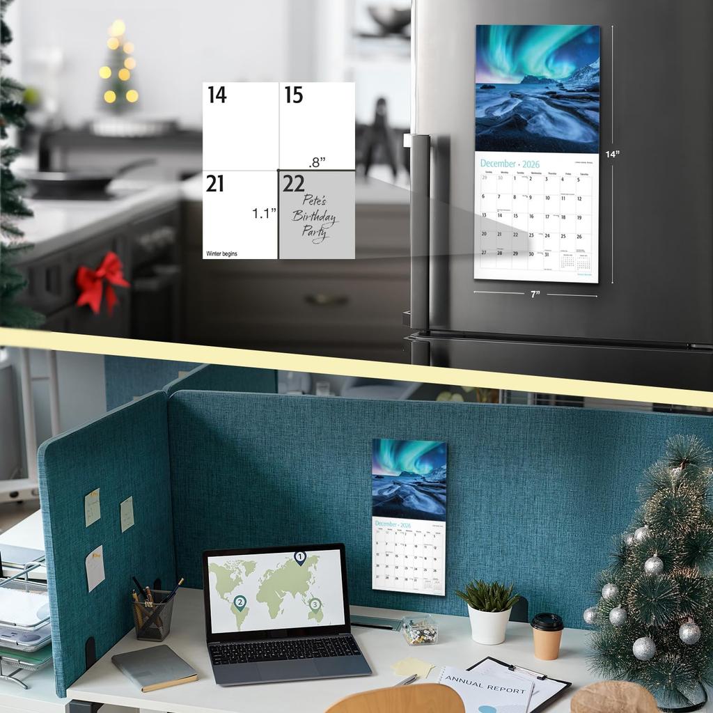 RED EMBER Aurora Borealis 2026 Mini Wall Calendar 12 Month | 7" x 14" Open | Thick & Sturdy Paper | Holiday Gift | Northern Lights Space Calendar