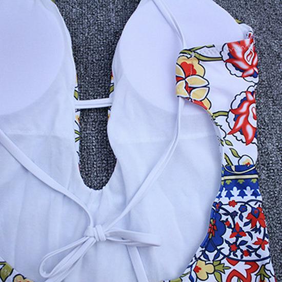 Floral Halterneck Backless Lace-up One-Piece Swimsuit for Women