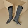 Grey Black Women Knee High Boots High Square Heel Small Big Size 32 48