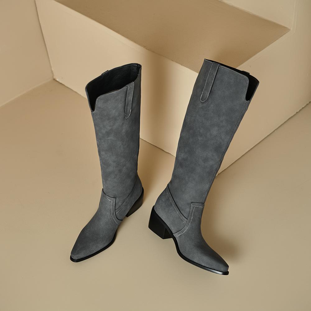 Grey Black Women Knee High Boots High Square Heel Small Big Size 32 48
