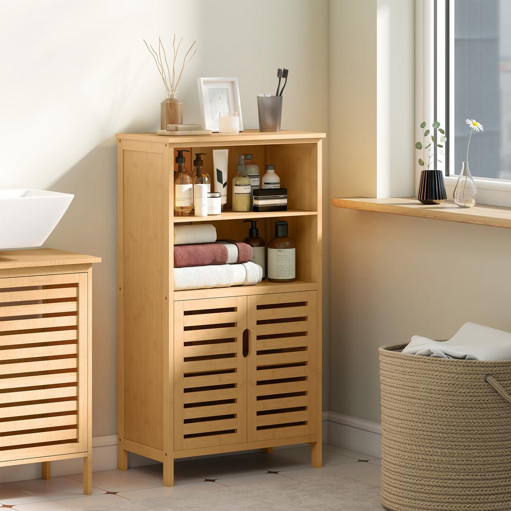 Badezimmer-Aufbewahrungseinheit aus Bambus, Badezimmerschrank mit 2 Türen, 2 offenen Regalen und erhöhten Füßen, 50x29x92 cm, Natur