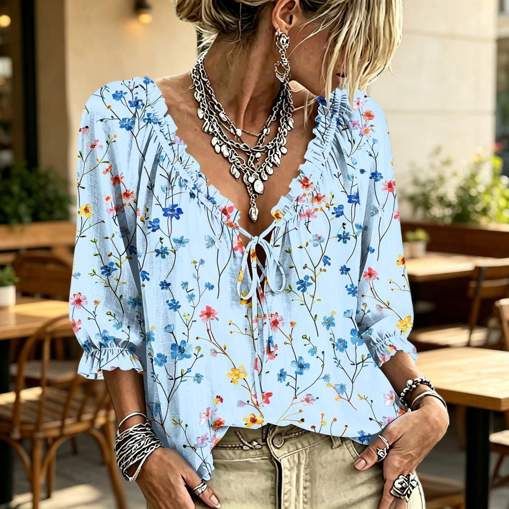 Women's Casual V-Neck Ruffle Tie Printed Blouse
