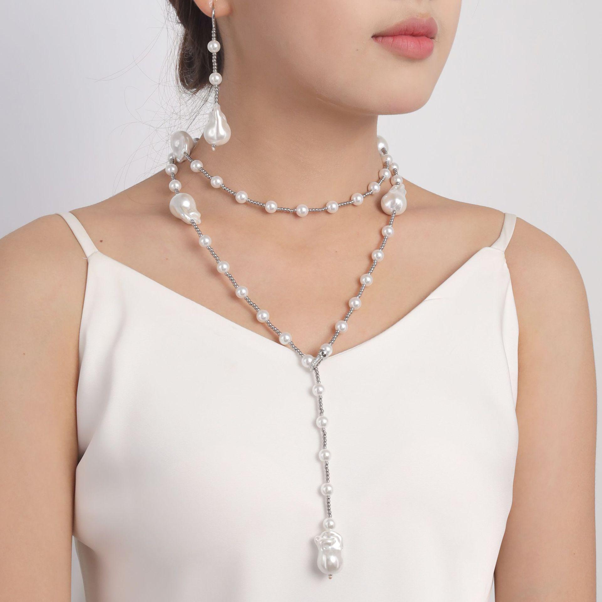 

Elegant Non-Fading Pearl Sweater Necklace & Earrings Set for Women