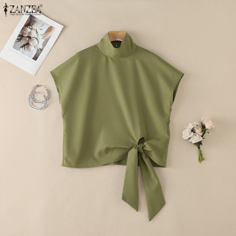ZANZEA Women Casual Turtleneck Summer Short Sleeve Blouse