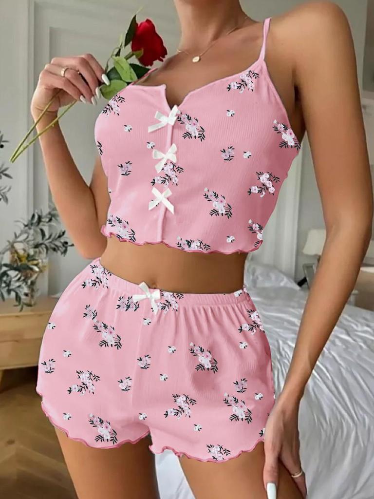 European Floral Bow Design Strappy Shorts Pajama Set