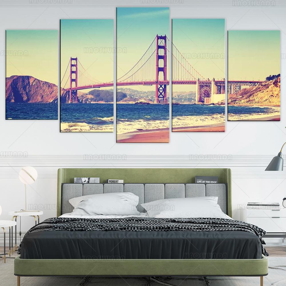 5 Piece Canvas Wall Art Vintage Golden Gate Bridge At Sunset Picture Painting Artwork USA City Poster Prints for Home Bedroom