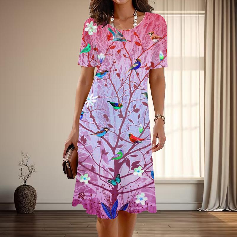 

Women s Fashion Graceful Bird Print Summer Spring Short Sleeve O-Neck Casual Dresses 8XL червоний
