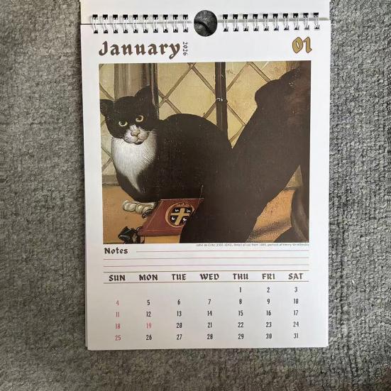 2026 Cat Wall Calendar Funny Weird Cats In Renaissance Art Monthly Planner with Clear Date Boxes Spiral Bound Calendar for Home Unique Cat Lover Gifts