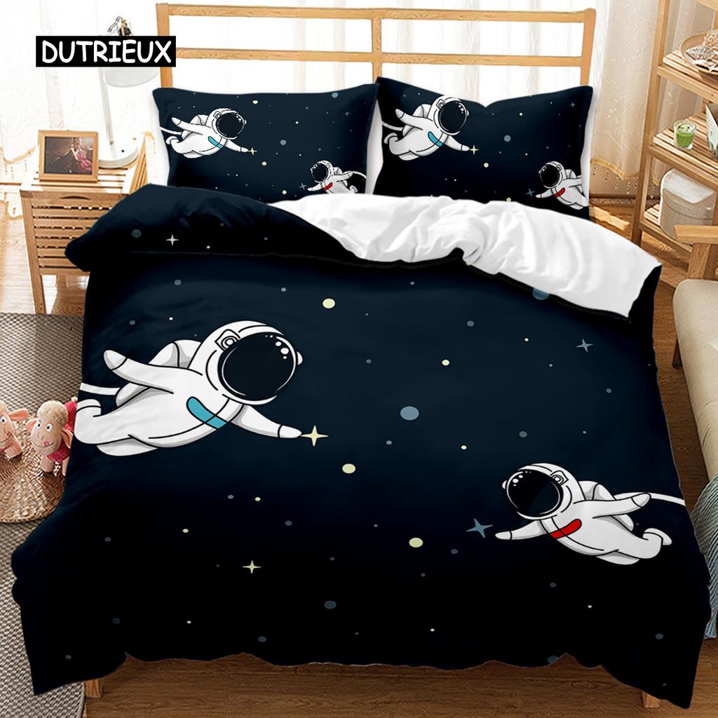 Astronaut Duvet Cover Set Outer Space Tourist Comforter Cover Set for Kids Boys Universe Planet Polyester Quilt Cover Queen King