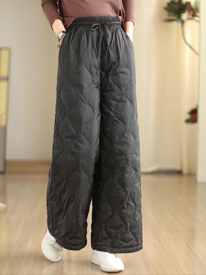 Calças acolchoadas com cordão Argyle, calças casuais retas com bolso inclinado e à prova de vento, quentes para outono e inverno, roupas femininas