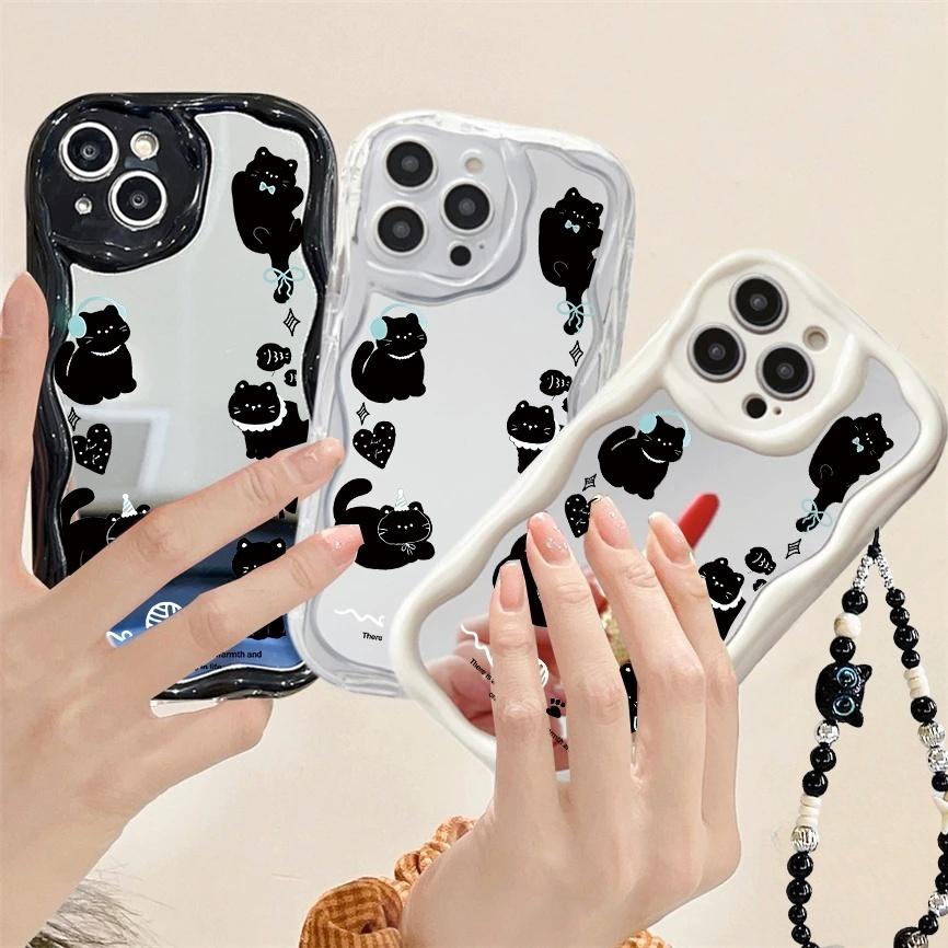 Cute Mirror Black Cat Lanyard Chain Case For Xiaomi Redmi 15 15C 14C 13C 12C 13 12 A5 Note 12 13 14 Pro Plus 5G 11S 10 11 Pro 4G