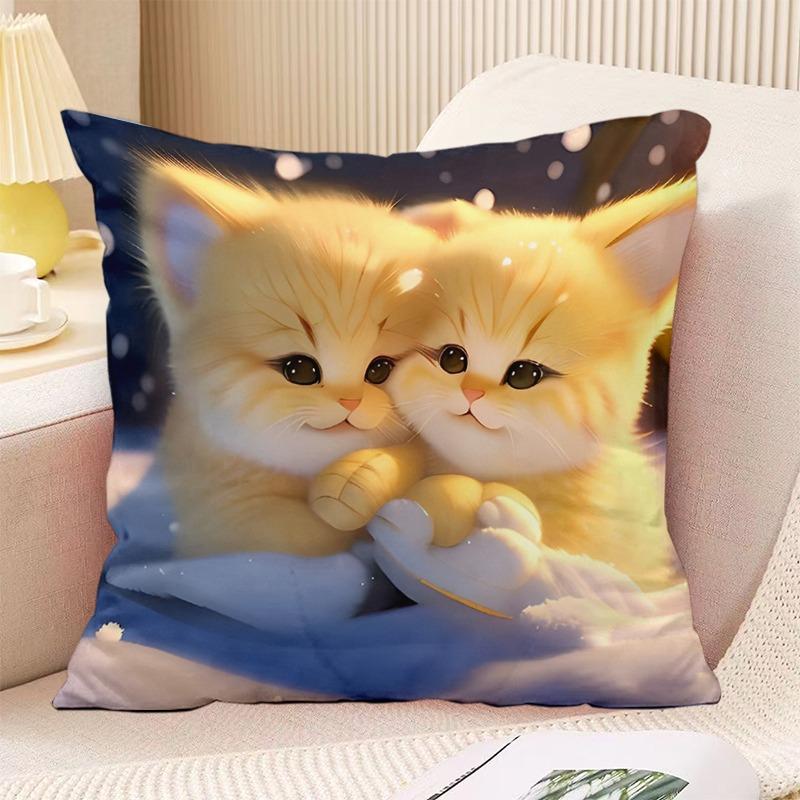 Couple Cat Print Decorative Pillowcase Bedroom Living Room Square Cushion Pillowcase