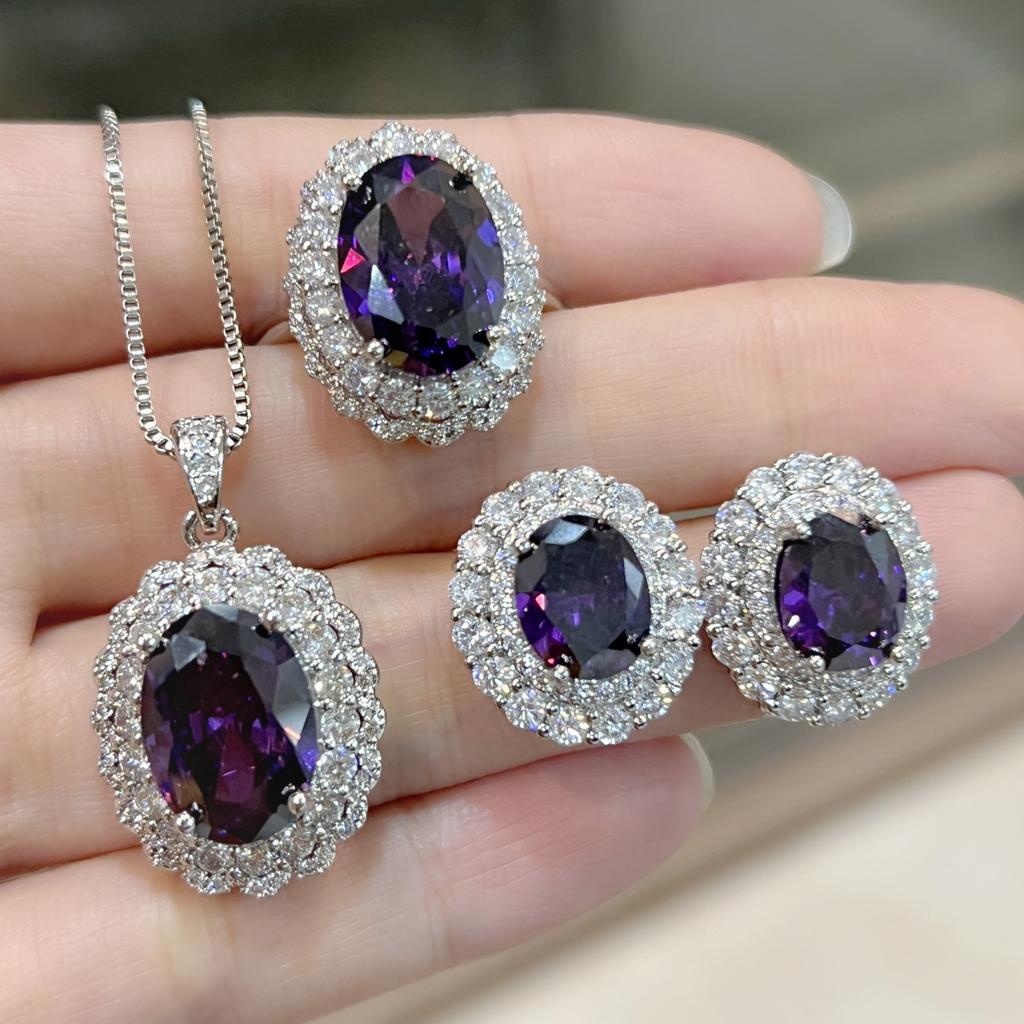 2025 Sunflower Inlaid Zircon Red Diamond Yellow Purple Pink Diamond Champagne Diamond Ring Earnail Pendant Jewelry Set