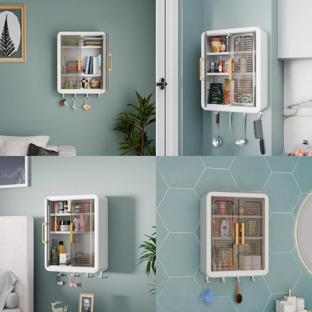 No-Drill Bathroom Shelf & Storage Cabinet - Wall Organiser for Bathroom Essentials, Makeup, Skincare with 2 Doors, 32 X 40.5 X 13cm (White, 3 Layer)