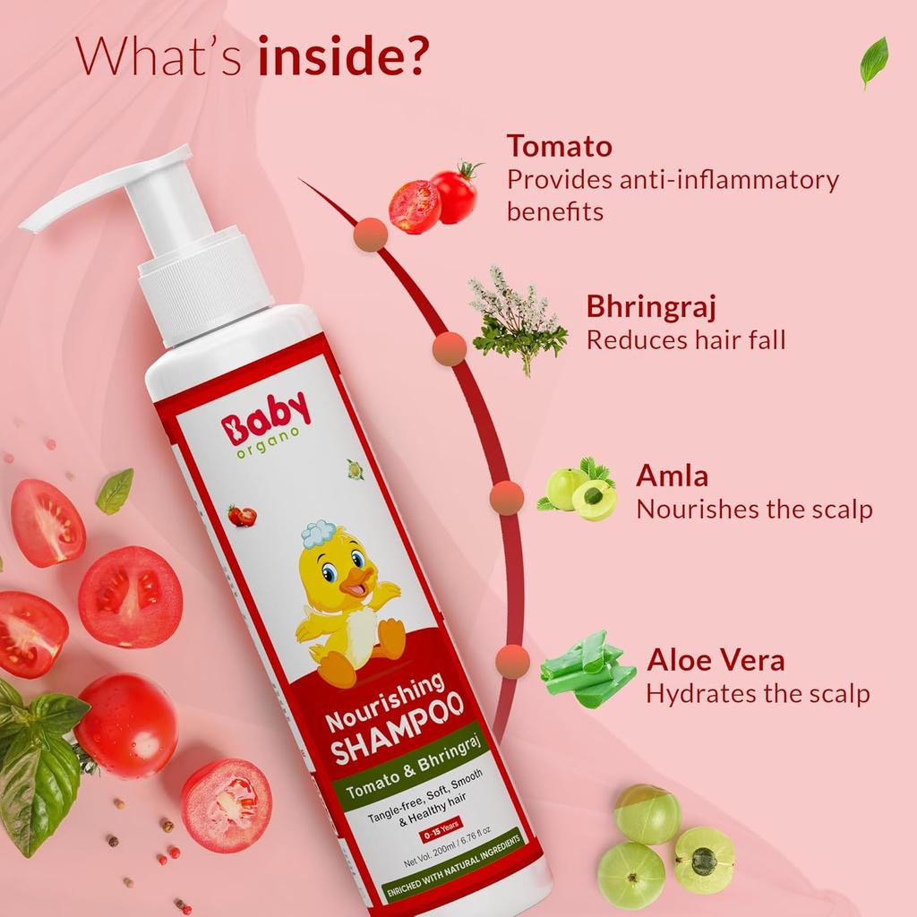 BabyOrgano® Ayurvedisches Bhringraj, Tomaten Tränenfreies Babyshampoo Für Neugeborene Und Kinder Fördert Gesundes Glänzendes 200Ml(0-15 Jahre)