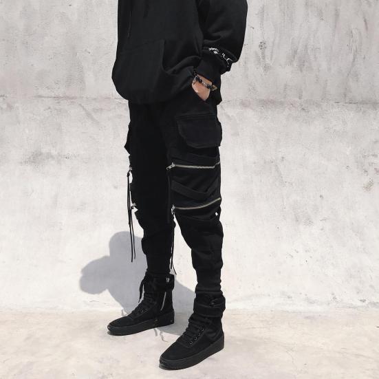 Men Cargo Pants Strap Zipper Decor Loose Ankle-banded Mid-rise Solid Color Multi Hip Hop Streetwear Outdoor Travel Sport Trousers
