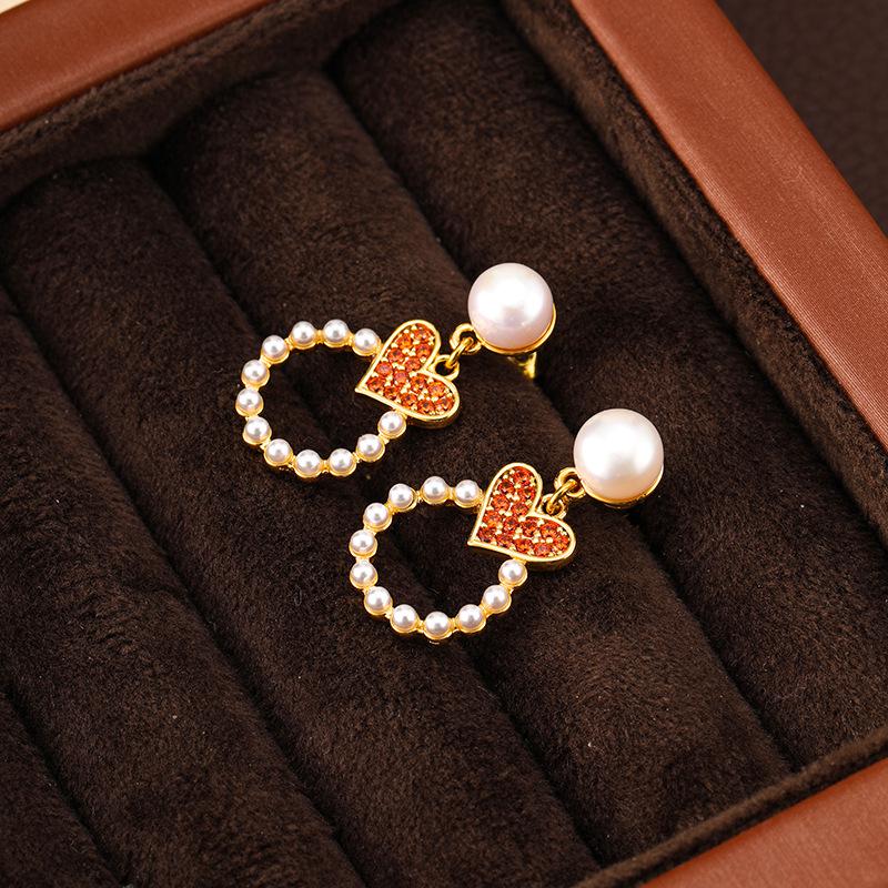Boucles d'oreilles pendantes cœur coréen incrusté de diamants et de perles - Bijoux polyvalents et à la mode