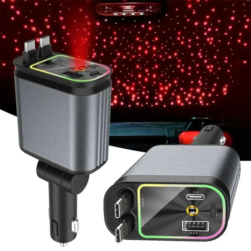

Dual Cable Auto Phone Charger Fast Charge 4 in 1 Car Charger Adapter Star Night Light IOS+TYPE-C