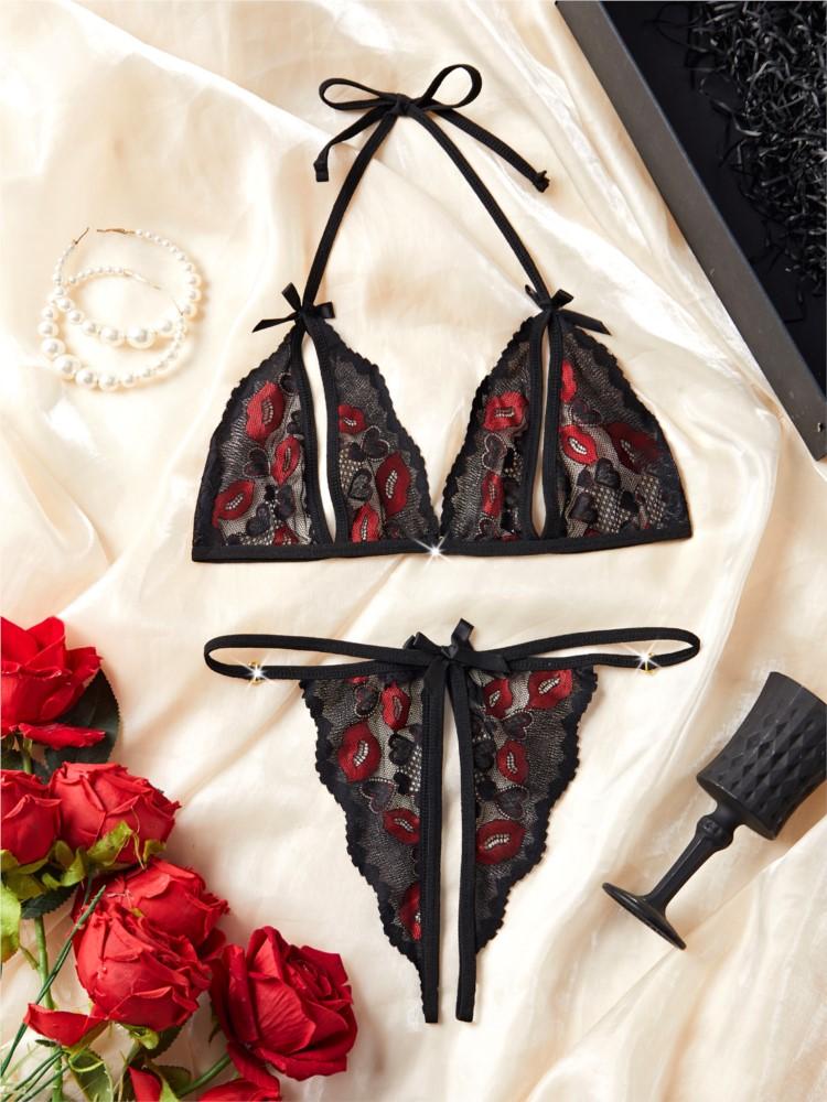 Seductive Red Lip Black Halter Front-Closure Bra & Thong Sets Summer Women Underwear Cute Erotic Sexy Lingerie Suit 2-Piece Set