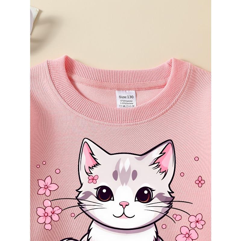 European Sizes Girls Soft Crewneck Sweatshirt Cute Kitten with Cherry Blossoms Print, Casual All-Match, Ideal Holiday Present