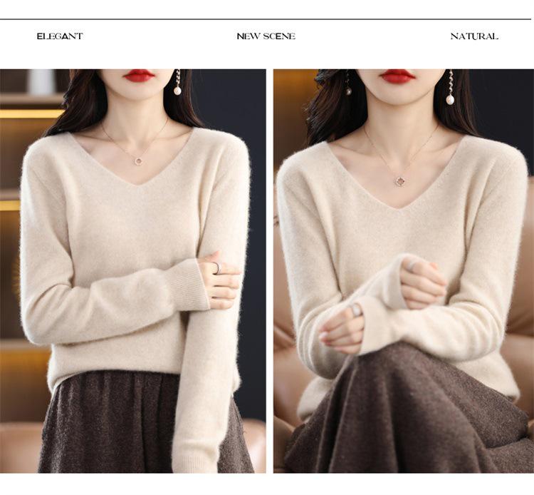 Women's Retro V-Neck 100% Wool Sweater – Seamless, Loose Fit, Autumn/Winter Commuting Essential