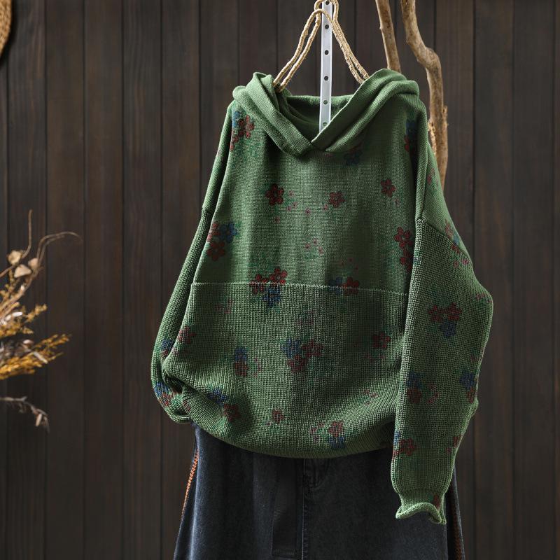 2025 Bo Jia Fan Flower Print Hooded Cotton Knit Sweater - Loose Fit, Autumn Style