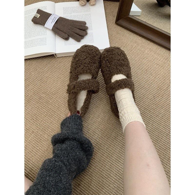 Gentle Fairy Wind Round Head Mary Jane Plush Shoes Women Wear Flat Cotton Single Shoes Doudou Shoes In Winter