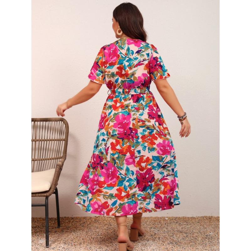 Waist-slimming Lace-up A-line Floral Dress