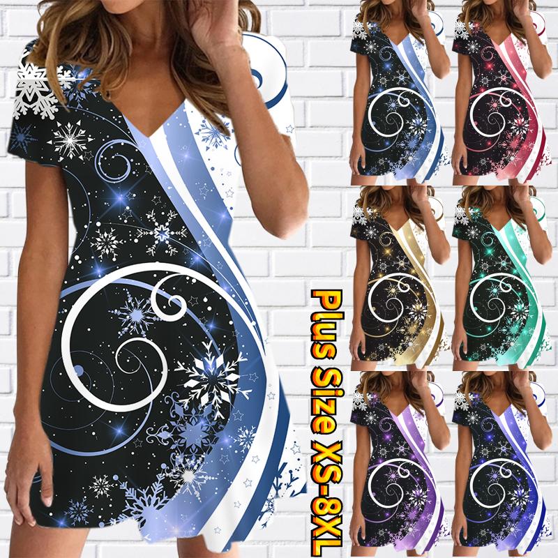 

Летняя мода 2023, повседневная юбка до колена с коротким рукавом, тонкое платье с v-образным вырезом, женское платье свободного размера, новый дизайн, юбка с принтом XS-8XL