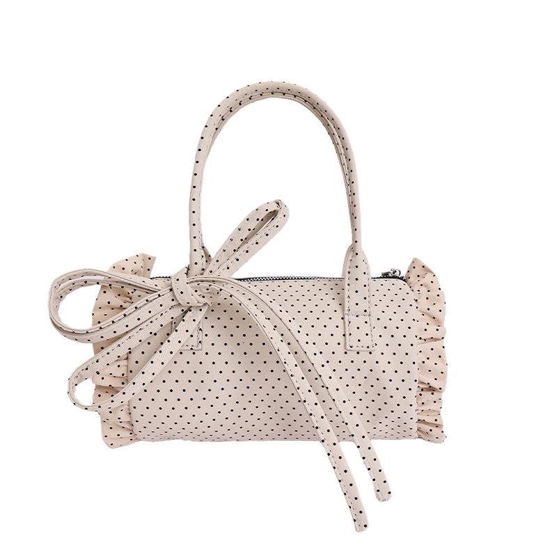 

Polka Dot Cylindrical Handbag Japanese Style Ruffled Bow Ita Bag Fashion Elegant Shoulder Bags Women Versatile Boston Handbag 20x11x11cm