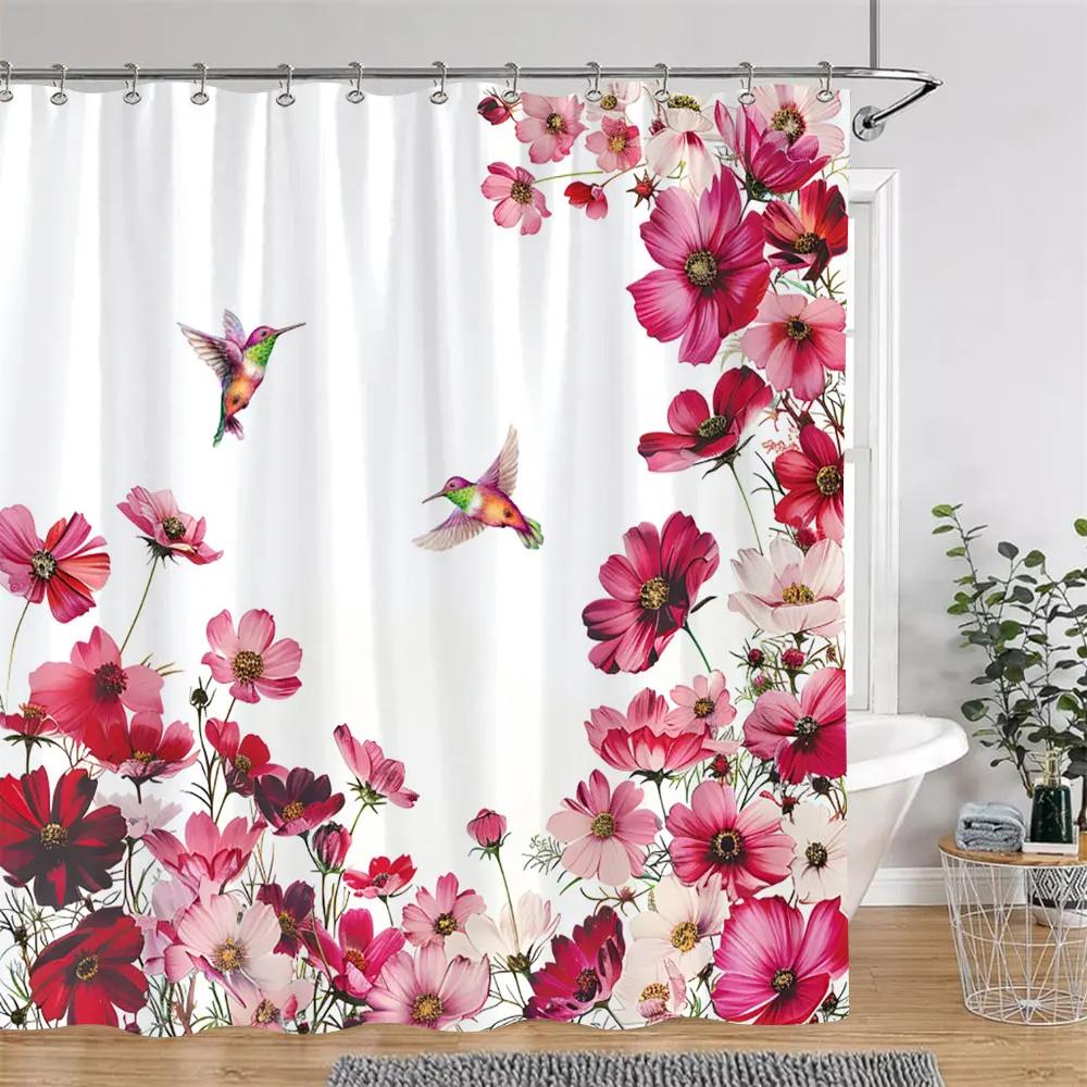 Watercolour Floral Print Shower Curtain Gorgeous Floral Rustic Flower Polyester Fabric Shower Curtains Bathroom Decor with Hooks