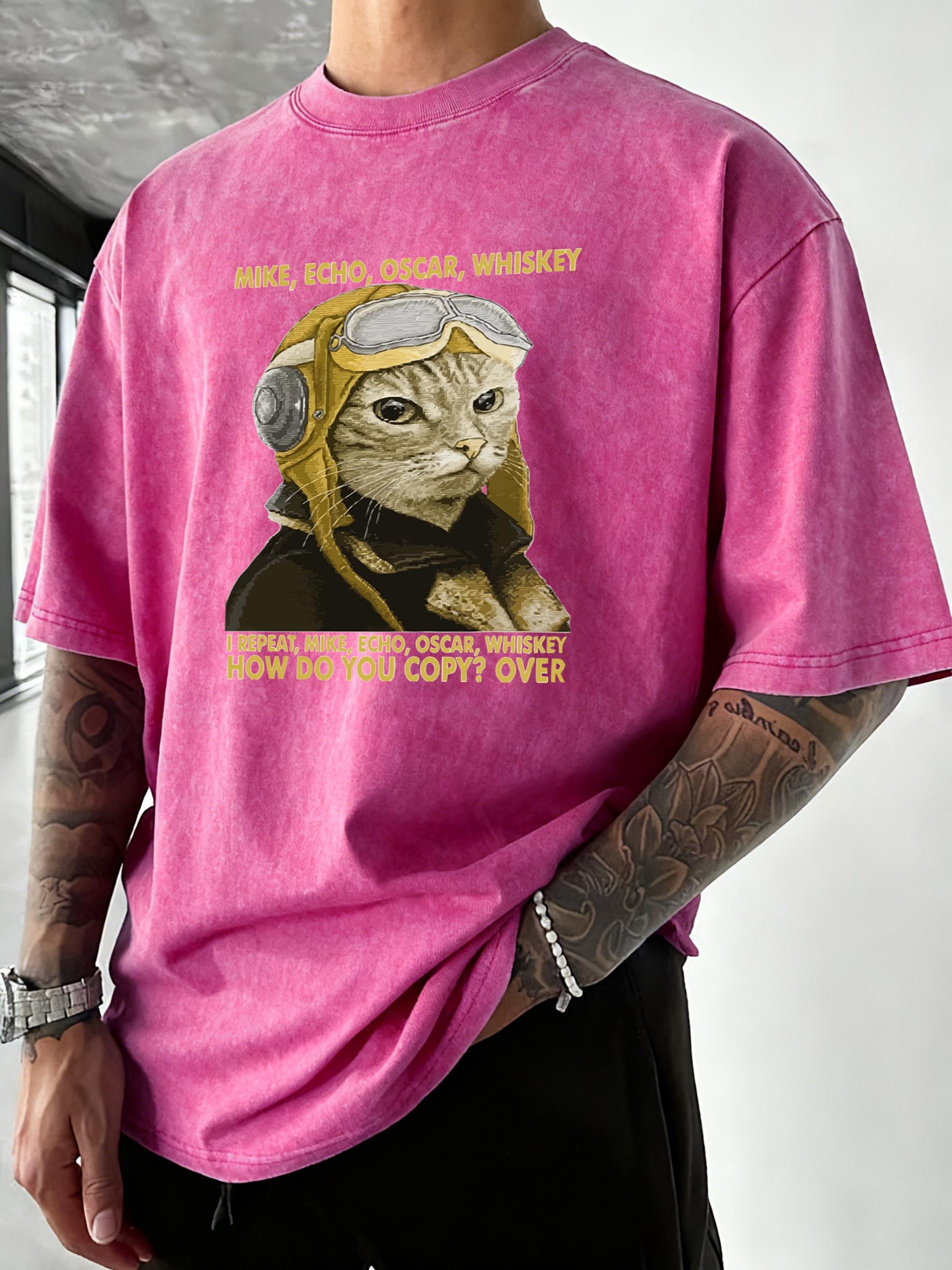 Cats Make Echo Oscar Whisky Print Men Washed TShirts Casual Crewneck T Shirt Summer Vacation Short Sleeve Cotton Oversized Top S