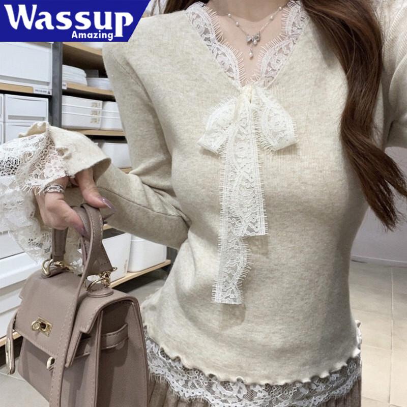 WASSUP AMAZING Women's V-Neck Lace-Trim Long Sleeve Tee