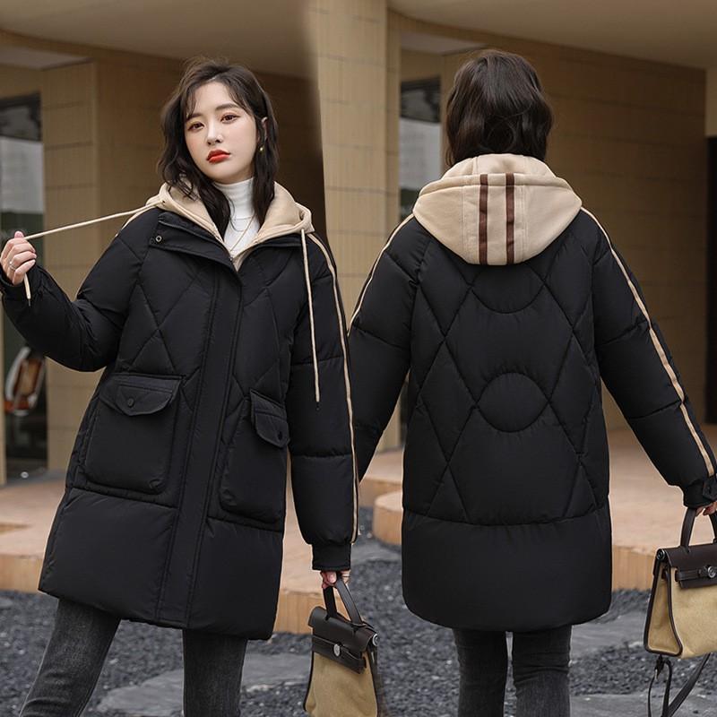 Womens Warm Puffer Coat With Hooded Design Loose Fit Mid-Length Winter Jacket Cotton-Padded Outerwear