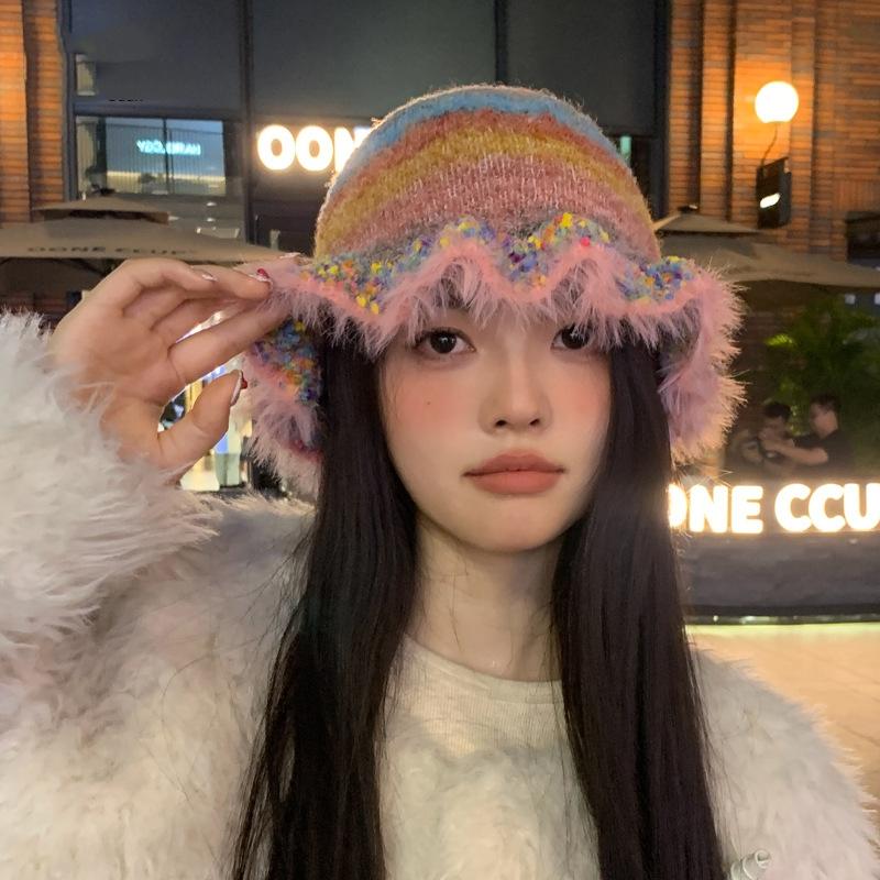 Women Autumn Winter Warm Thicken Ear Protector Hat Cold Velvet Fisherman Hats Sweet Cute Colorful Dopamine Knitted Bucket Cap