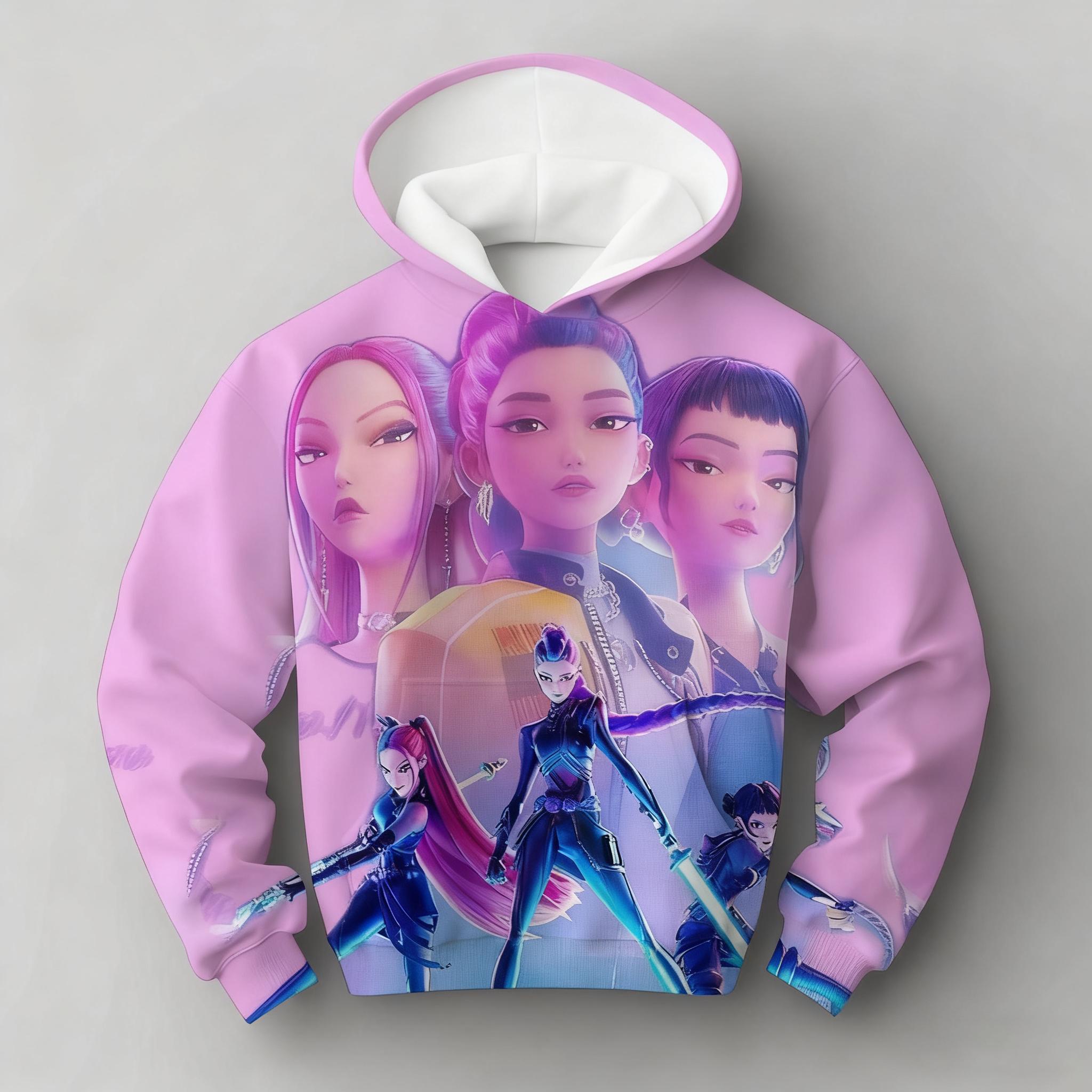 

KPop Охотники на демонов Huntrix Толстовка Детская Толстовка с капюшоном Пуловеры для маленьких девочек Модная верхняя одежда для мальчиков Детская одежда 110