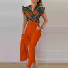 2 Pcs/Set Lady Top Pants Set Flying Sleeves Color Matching OL Commute Style V Neck Single-breasted High Waist Slim Fit