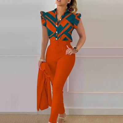 2 Pcs/Set Lady Top Pants Set Flying Sleeves Color Matching OL Commute Style V Neck Single-breasted High Waist Slim Fit