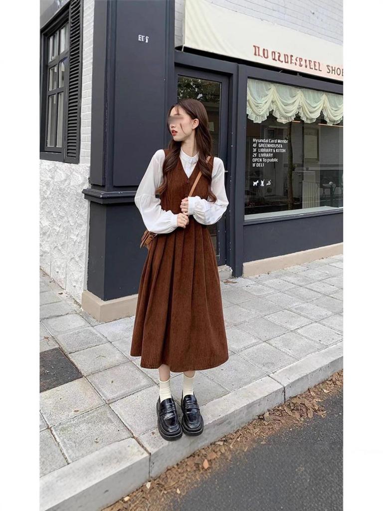 Women's Corduroy Vest & Dress Set: Spring/Autumn Sweet Long Sleeve Shirt Two-Piece Collection