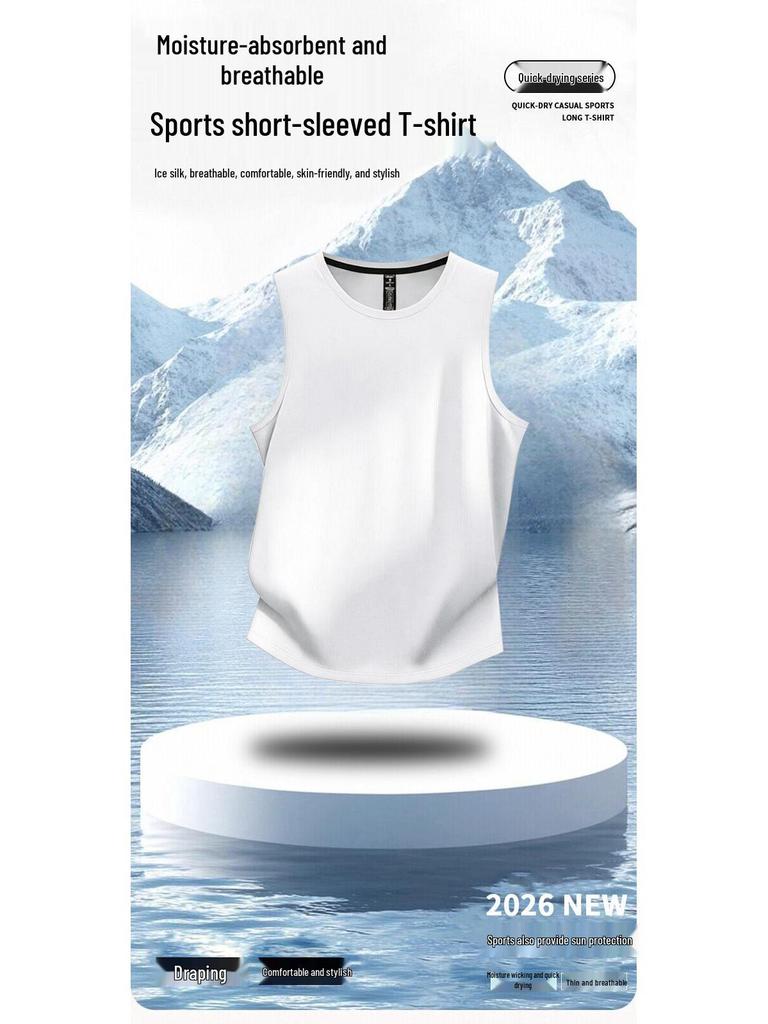 Summer 2026 Men's Ice Silk Quick Dry Short Sleeve - High-End Trendy Business Round Neck Sportswear.