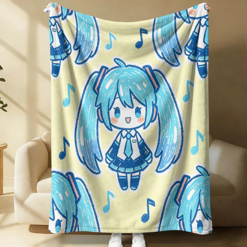 Hatsune Miku Cute Crayon Style Flannel Throw Blanket Gift for Anime Fan Summer Nap Throw Sofa Blanket Bed Cover Travel Blanket