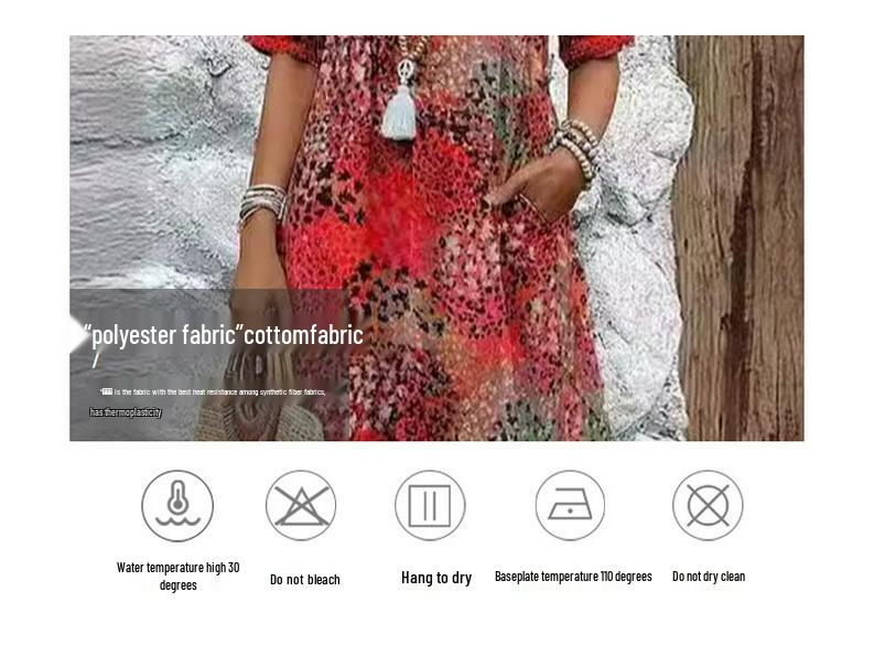 2025 European & American Fashion V-Neck Lace Print Short Sleeve Dress