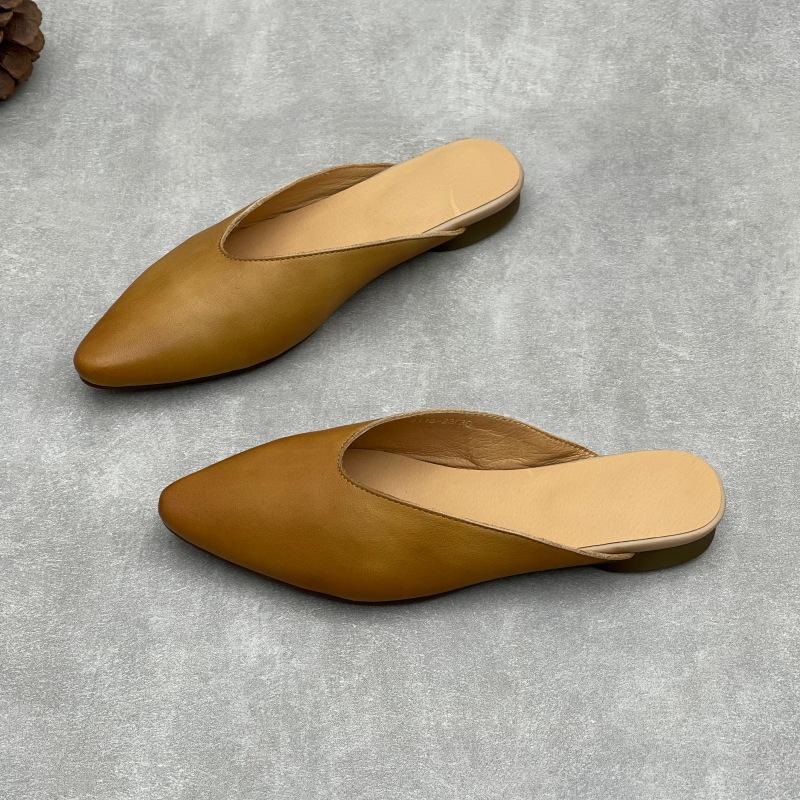 Johnature Pointed Toe Genuine Leather Women's Slippers Casual And Versatile Soft Cowhide Outdoor Slip-on Shoes
